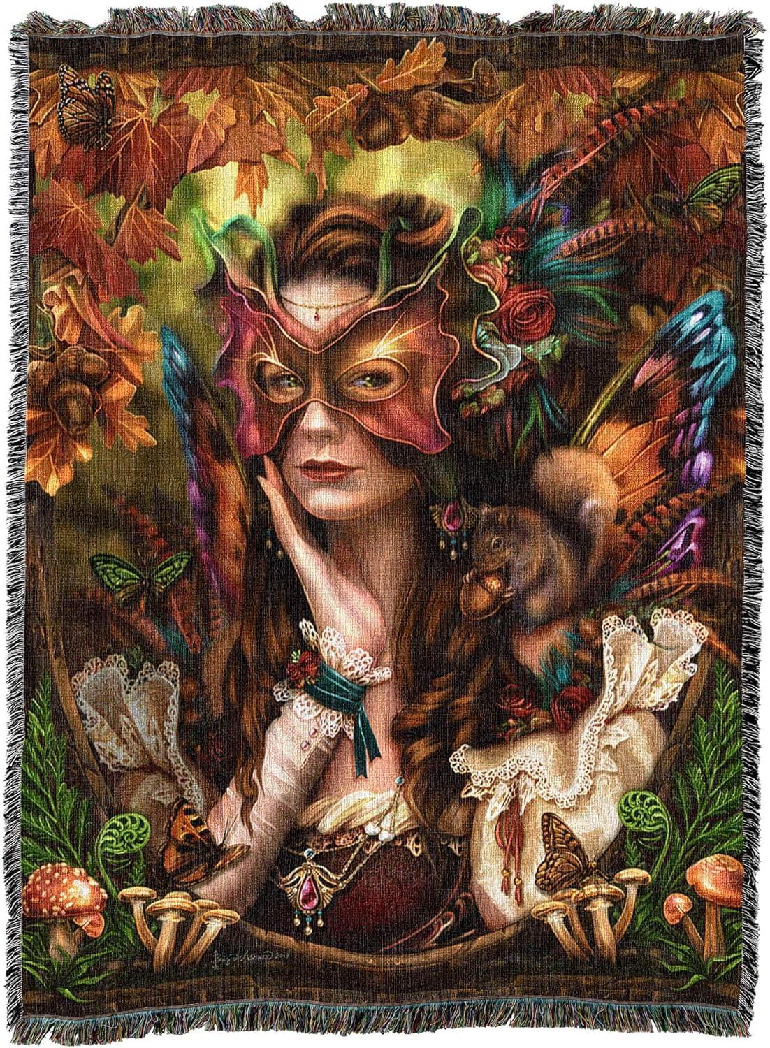 Tapestry blanket showing off a fairy adorned with autumn leaves and butterflies with a squirrel on her shoulder and mushrooms beneath