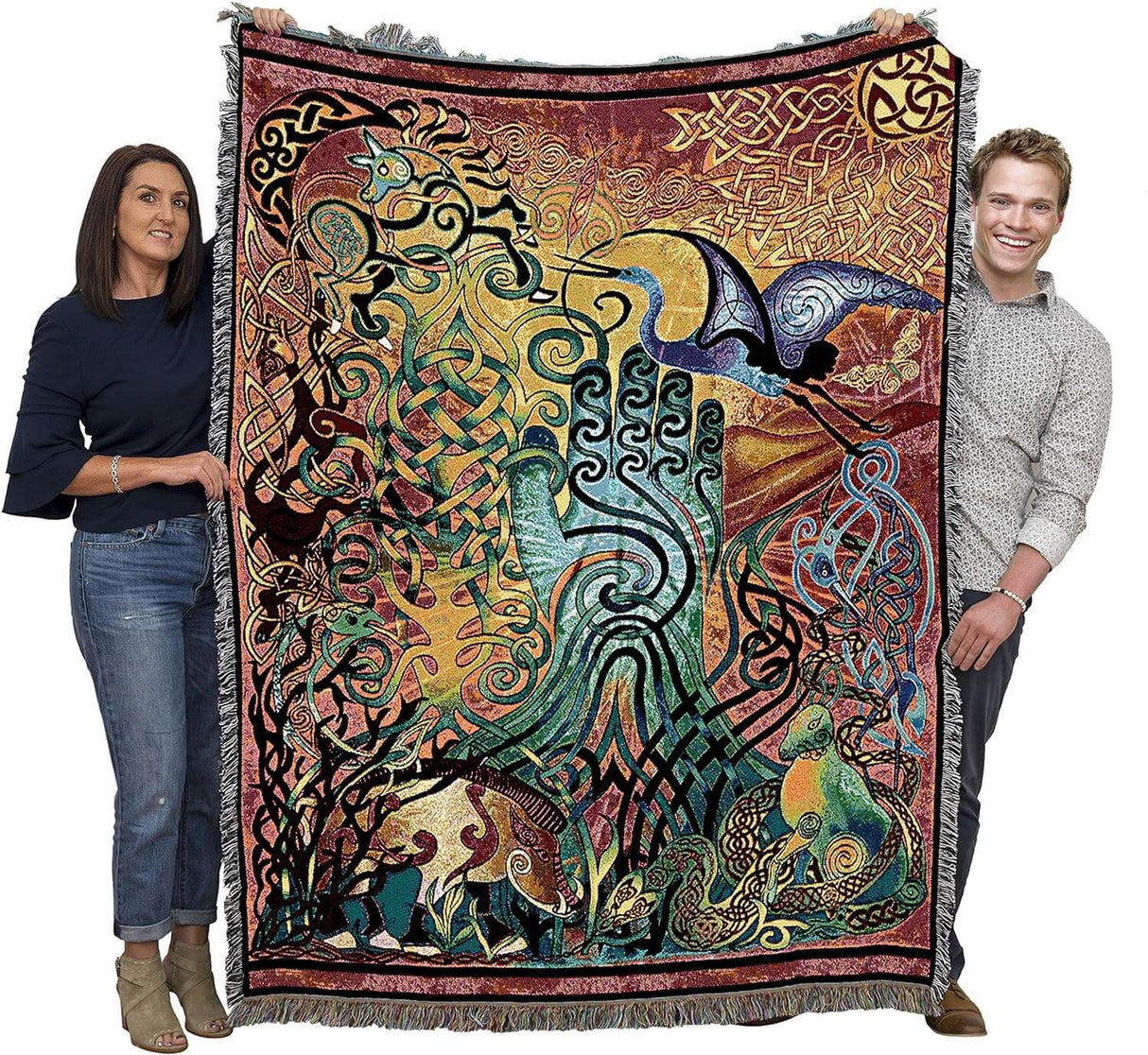 Tapestry blanket held by two adults to show large size