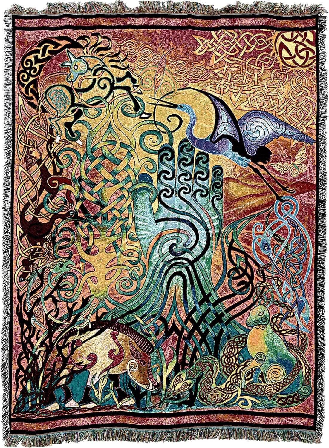 Tapestry blanket featuring colorful Celtic knotwork with a hand and animals woven in