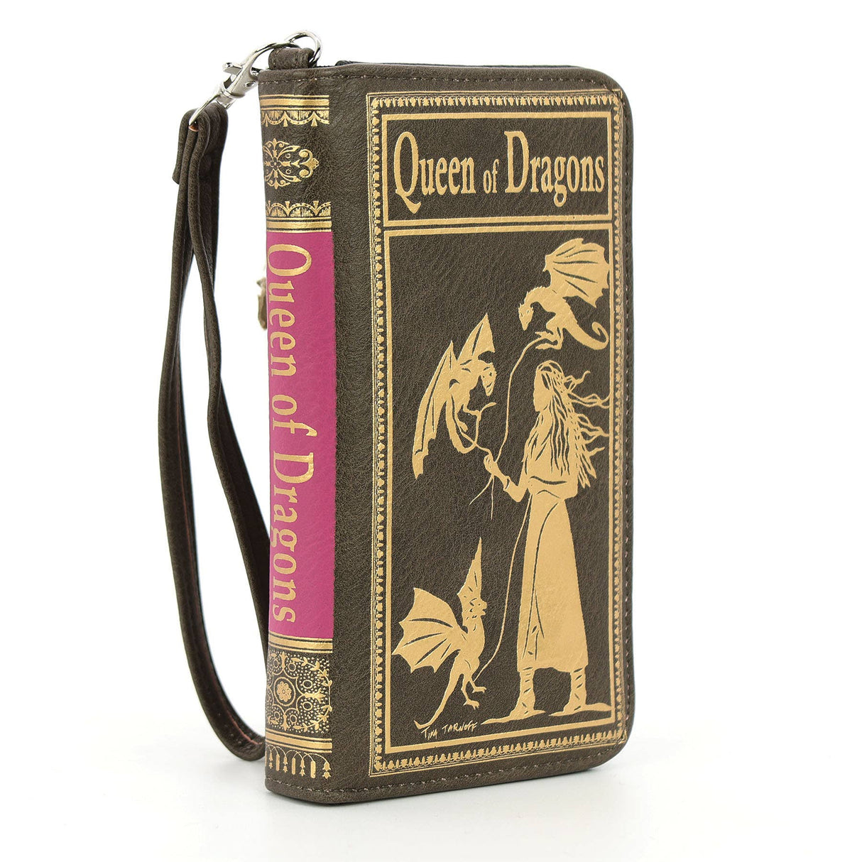 Book-shaped wallet with 'Queen of Dragons' design in brown and gold