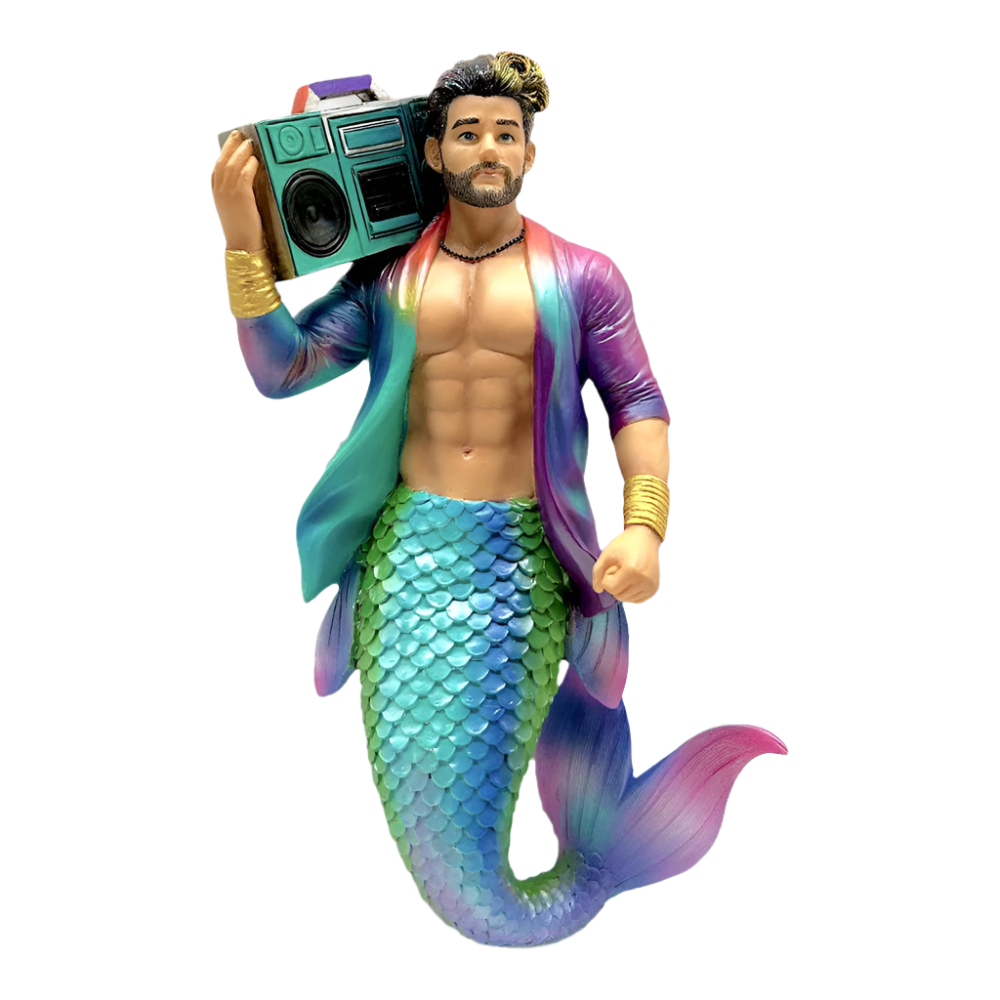 Mermaid figurine with male human upper body holding a boombox, rainbow scaled tail