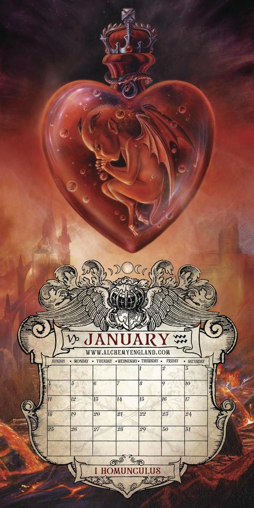 January page from Alchemy calendar with devil homunculus in heart vial
