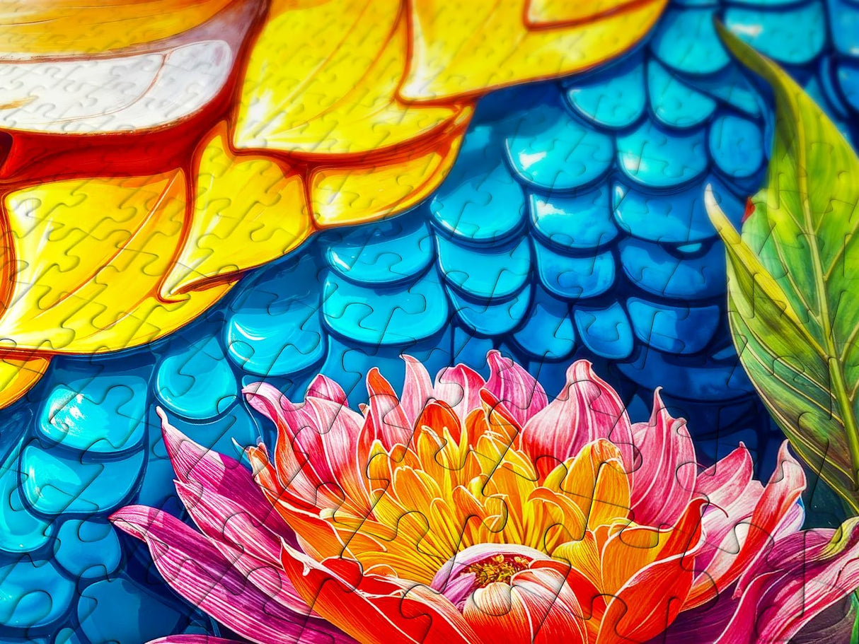 close up of puzzle pieces, blue scales, yellow accents, pink-red flower