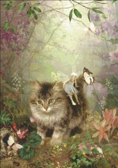 Fairy riding tabby kitten through a garden with butterflies and flowers - cross stitch pattern