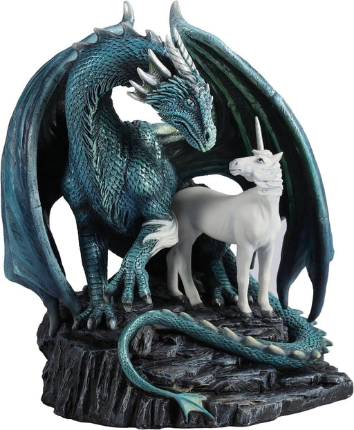 Green-blue dragon and unicorn stand together on a rock
