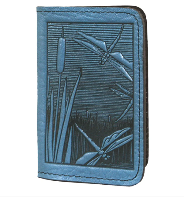 Leather Card Holder in blue, dragonfly and cattail design