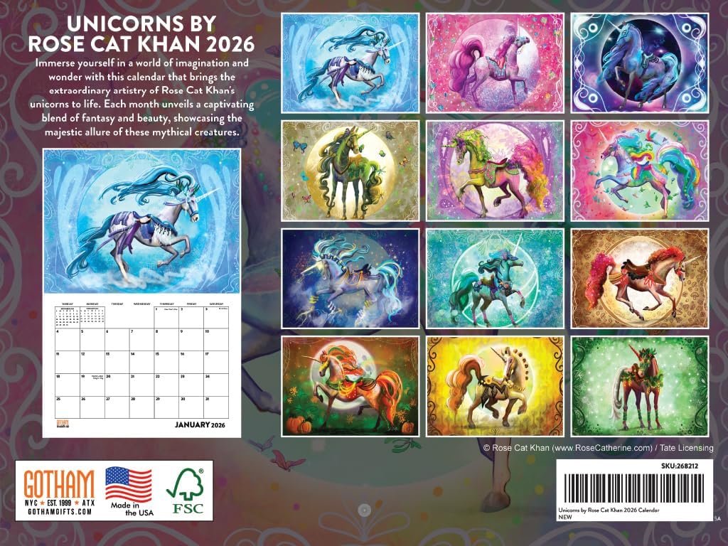 Unicorns by Rose Cat Khan calendar with colorful unicorn illustrations, back cover