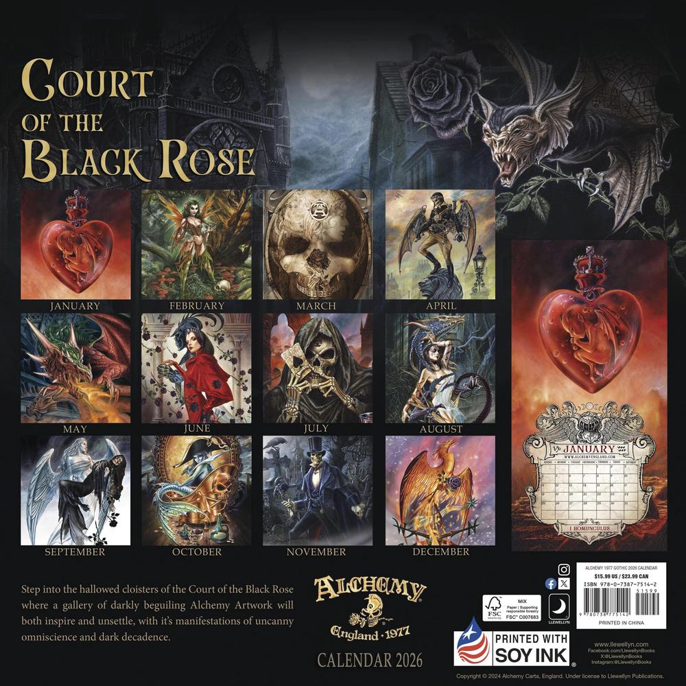Back cover of Court of the Black Rose Alchemy calendar 2026