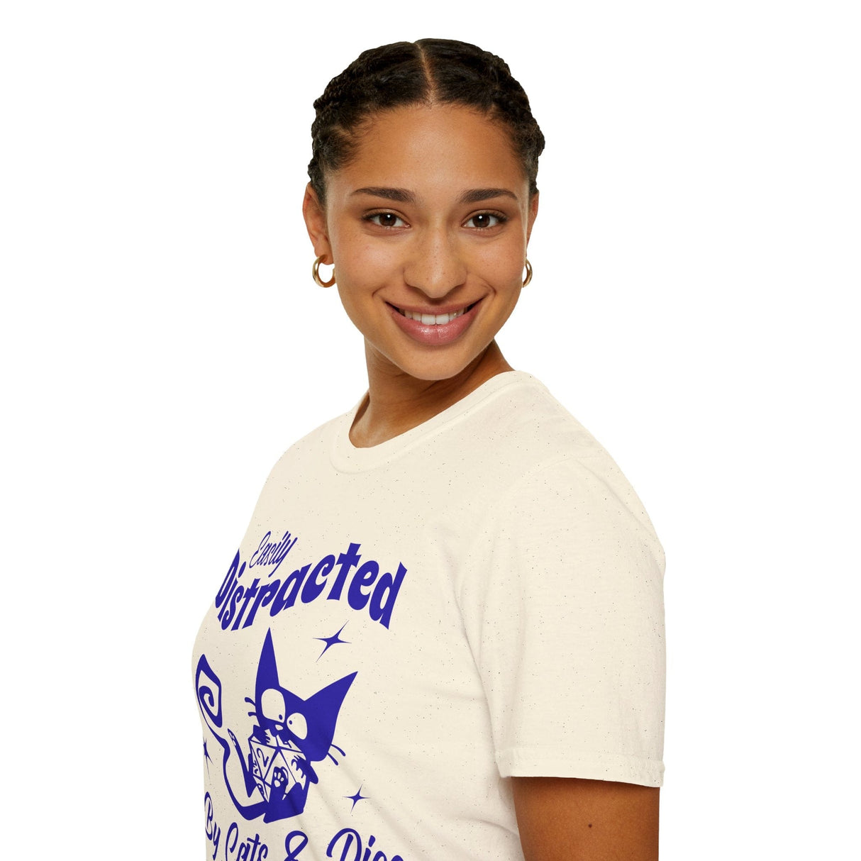 Woman wearing white t-shirt with purple graphic and text 'Easily Distracted By Cats & Dice'
