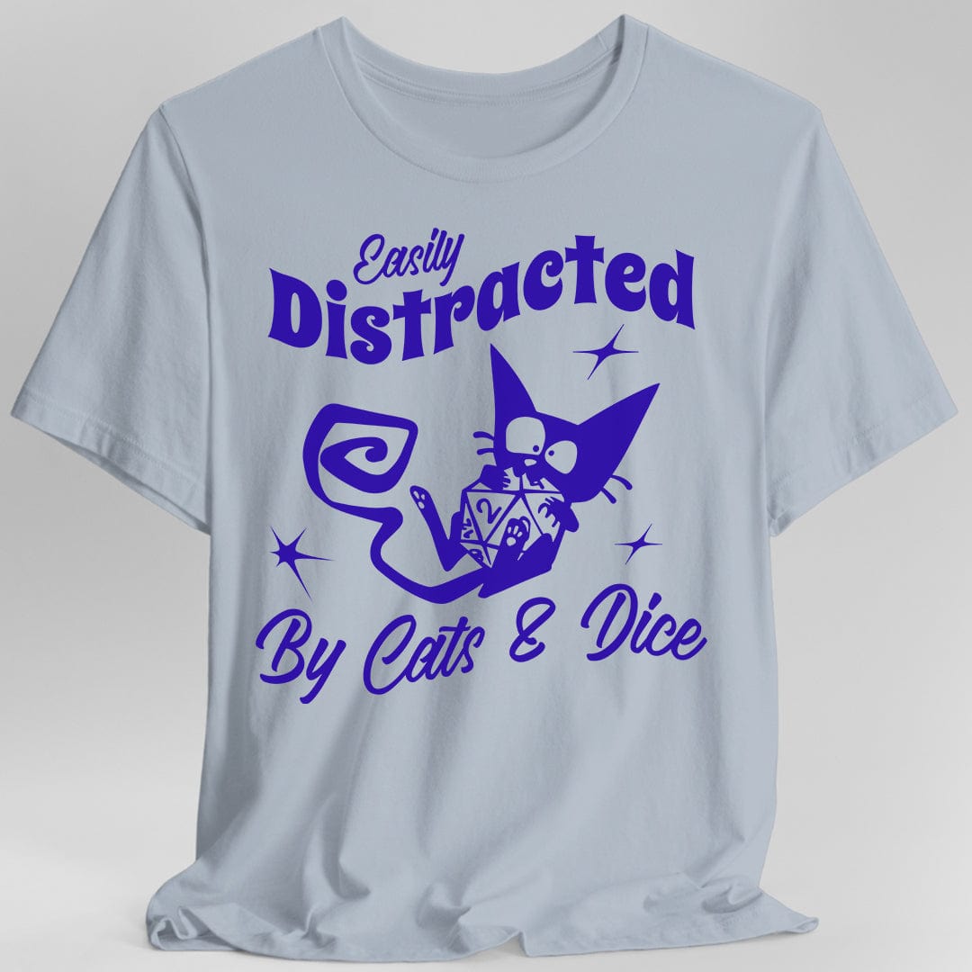 Light blue t-shirt with purple graphic and text 'Easily Distracted By Cats & Dice'