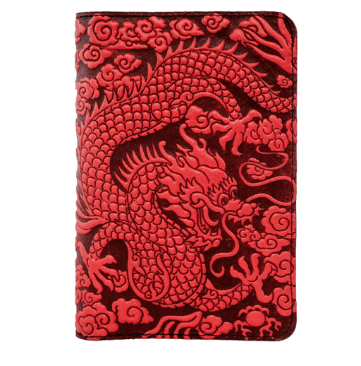 Leather pocket notebook cover with all-over design of Chinese dragon in the clouds. Shown in bright red