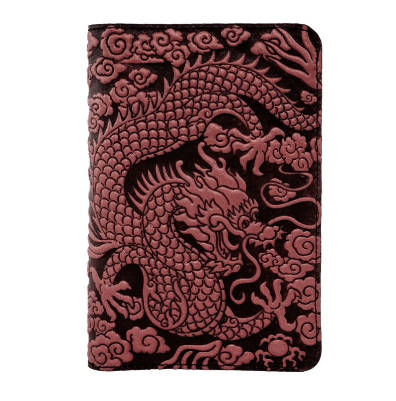 Leather pocket notebook cover with all-over design of Chinese dragon in the clouds. Shown in dark wine maroon
