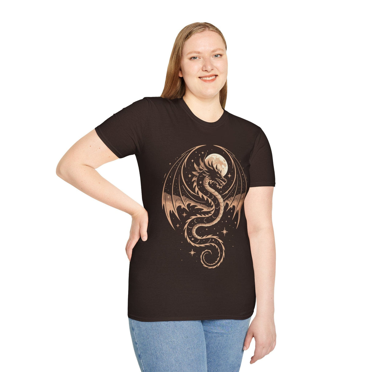 Person wearing a brown t-shirt with a dragon design on a white background