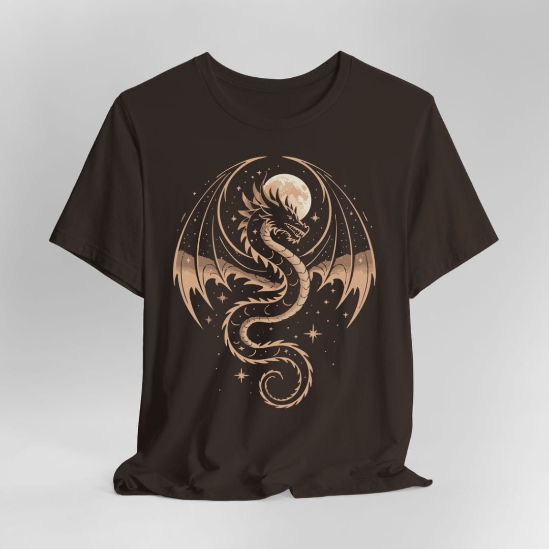 Brown t-shirt with a gold dragon and full moon design