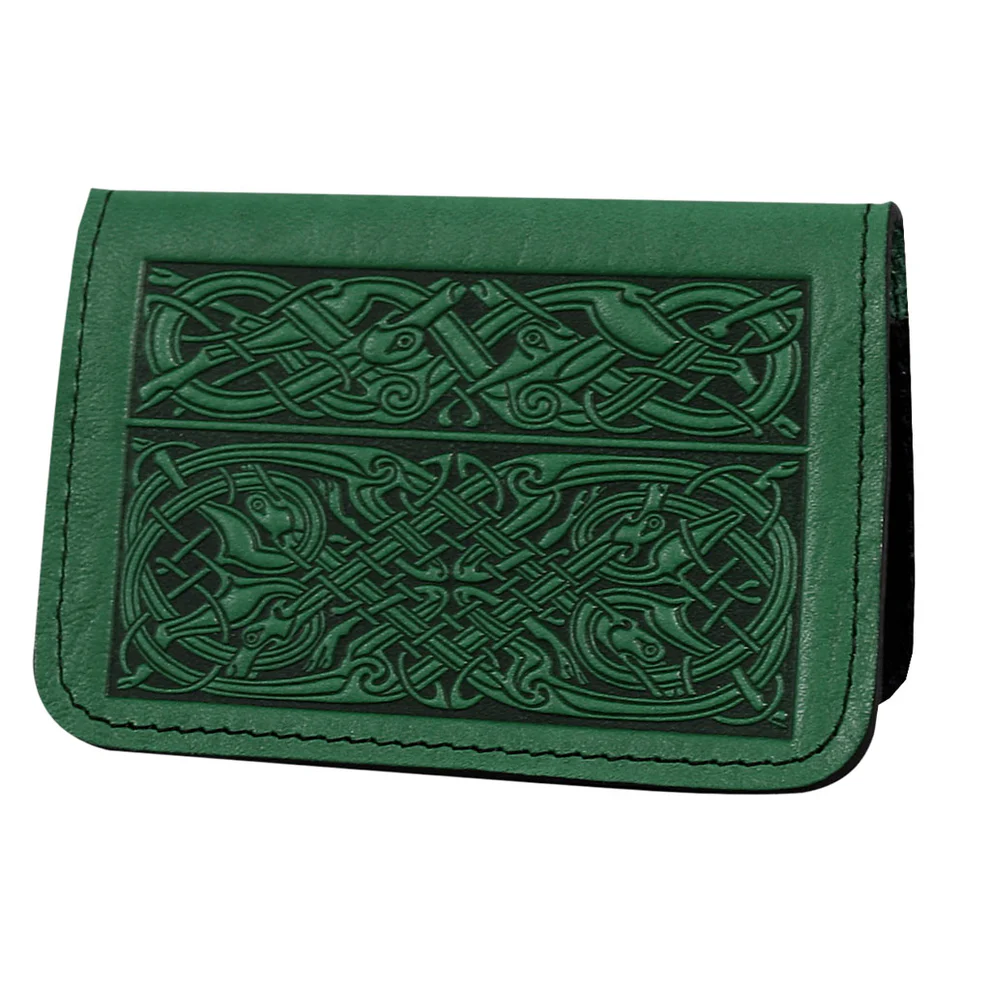 Leather card holder with Celtic knotwork dog design in green