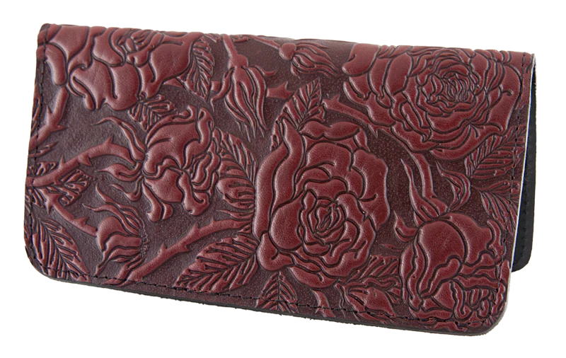 Leather checkbook holder with a wild rose design in wine color