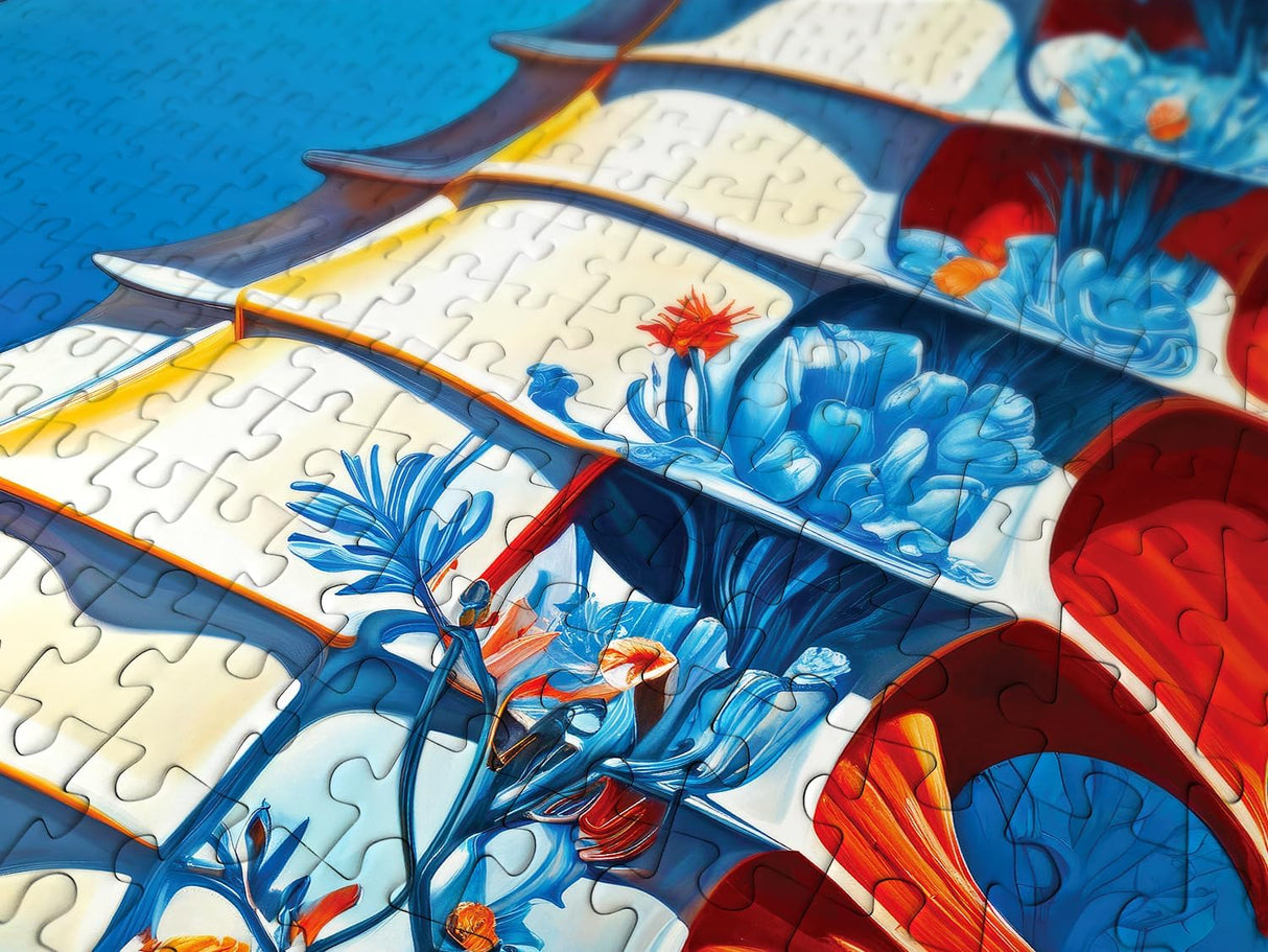 Closeup of puzzle pieces with blue flowers