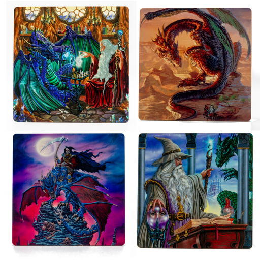 Set of 4 coasters with dragon and wizard art of Ed Beard Jr