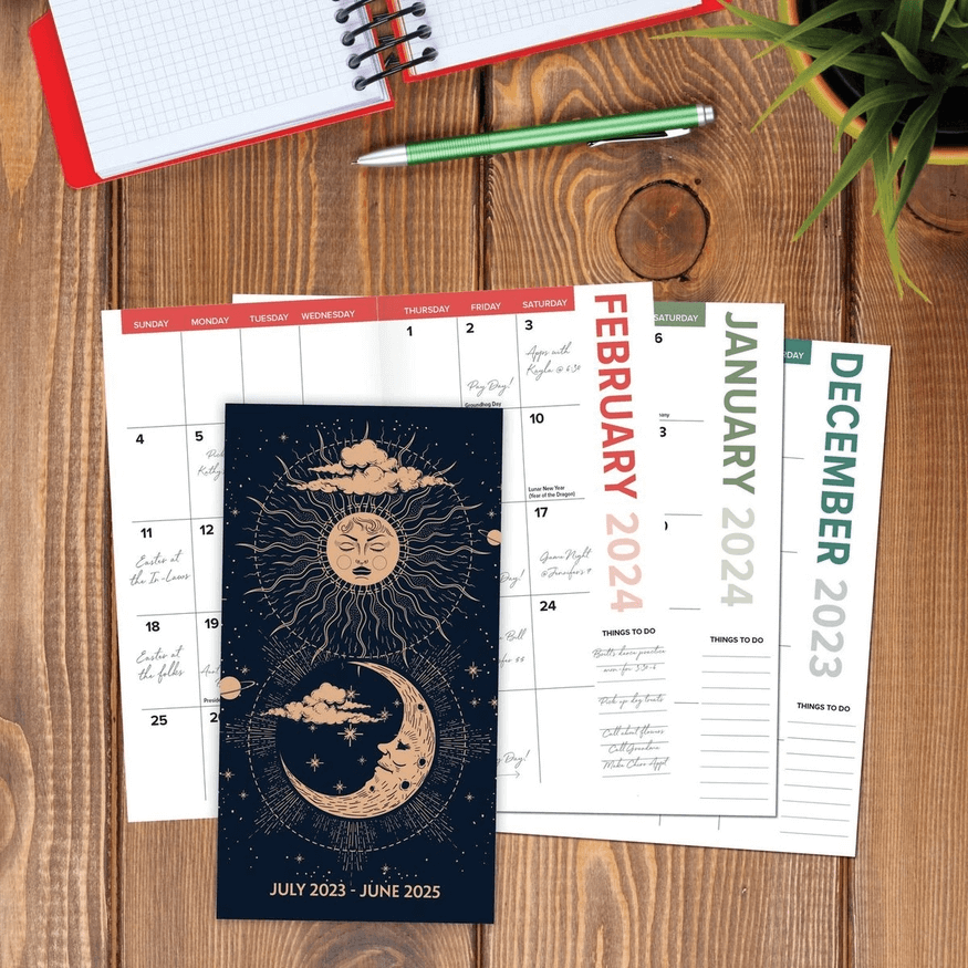 Inside the Celestial Soul Academic 2023 - 2025 Calendar showing month grids