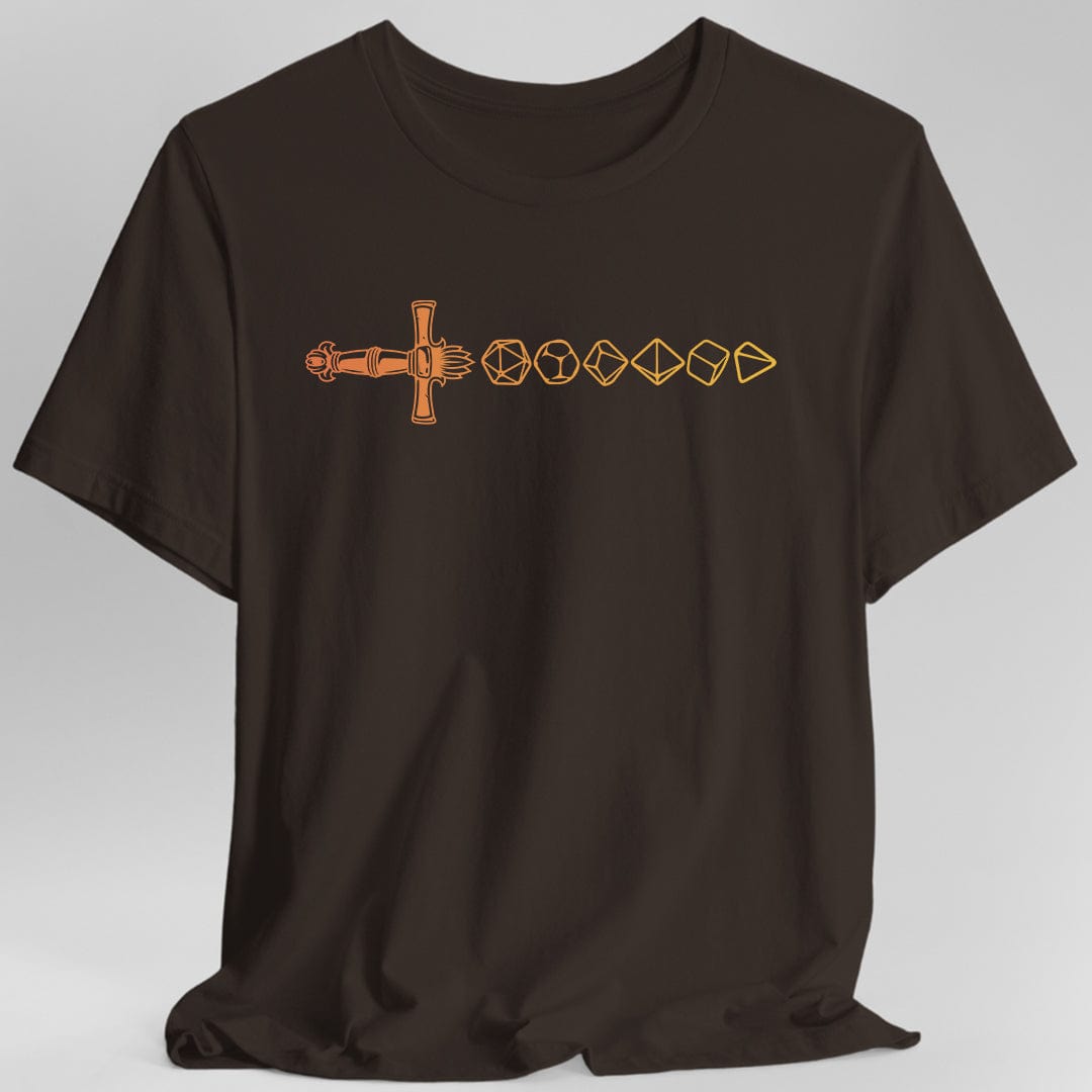 Dark brown shirt with gradient dice sword design