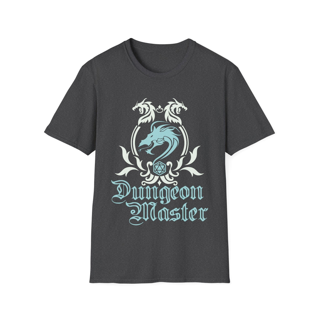 Dark gray t-shirt with 'Dungeon Master' design featuring dragons on a white background