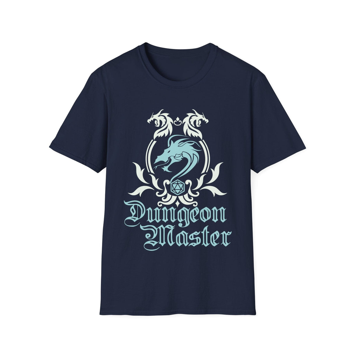 Navy blue t-shirt with 'Dungeon Master' design on a white background