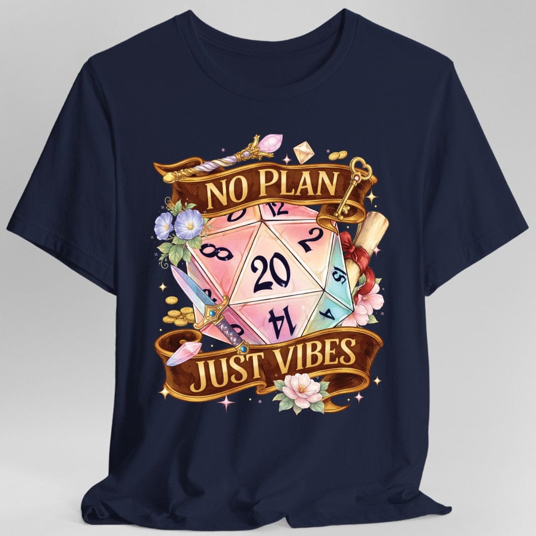 Navy t-shirt with a colorful dice design and 'No Plan Just Vibes' text