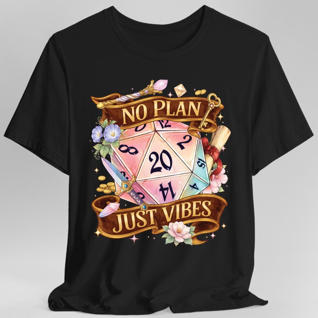 Black t-shirt with a colorful dice design and 'No Plan Just Vibes' text
