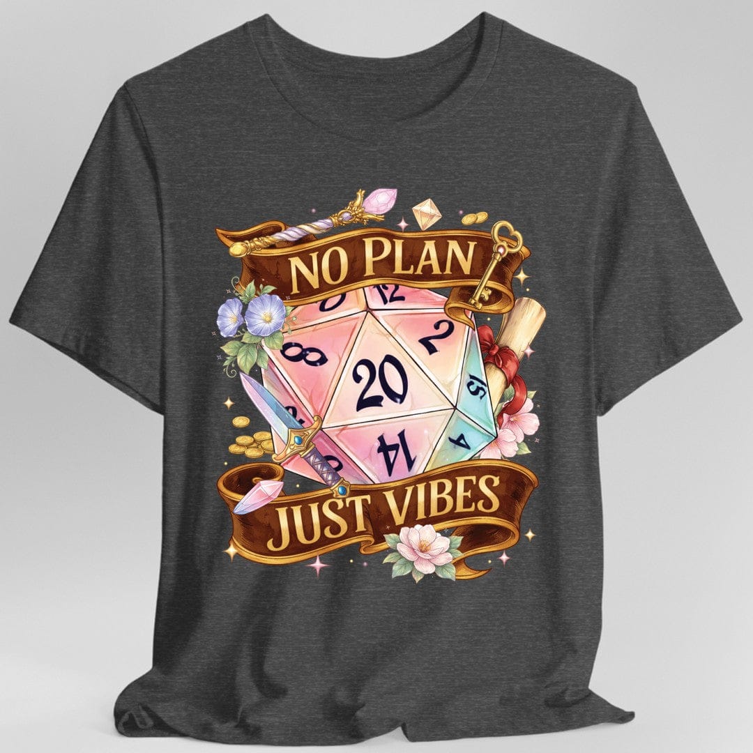 Gray t-shirt with a colorful dice design and 'No Plan Just Vibes' text