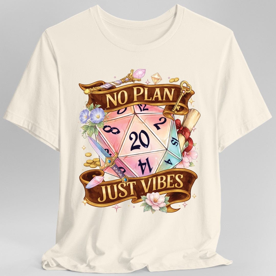 Off white t-shirt with a colorful dice design and 'No Plan Just Vibes' text