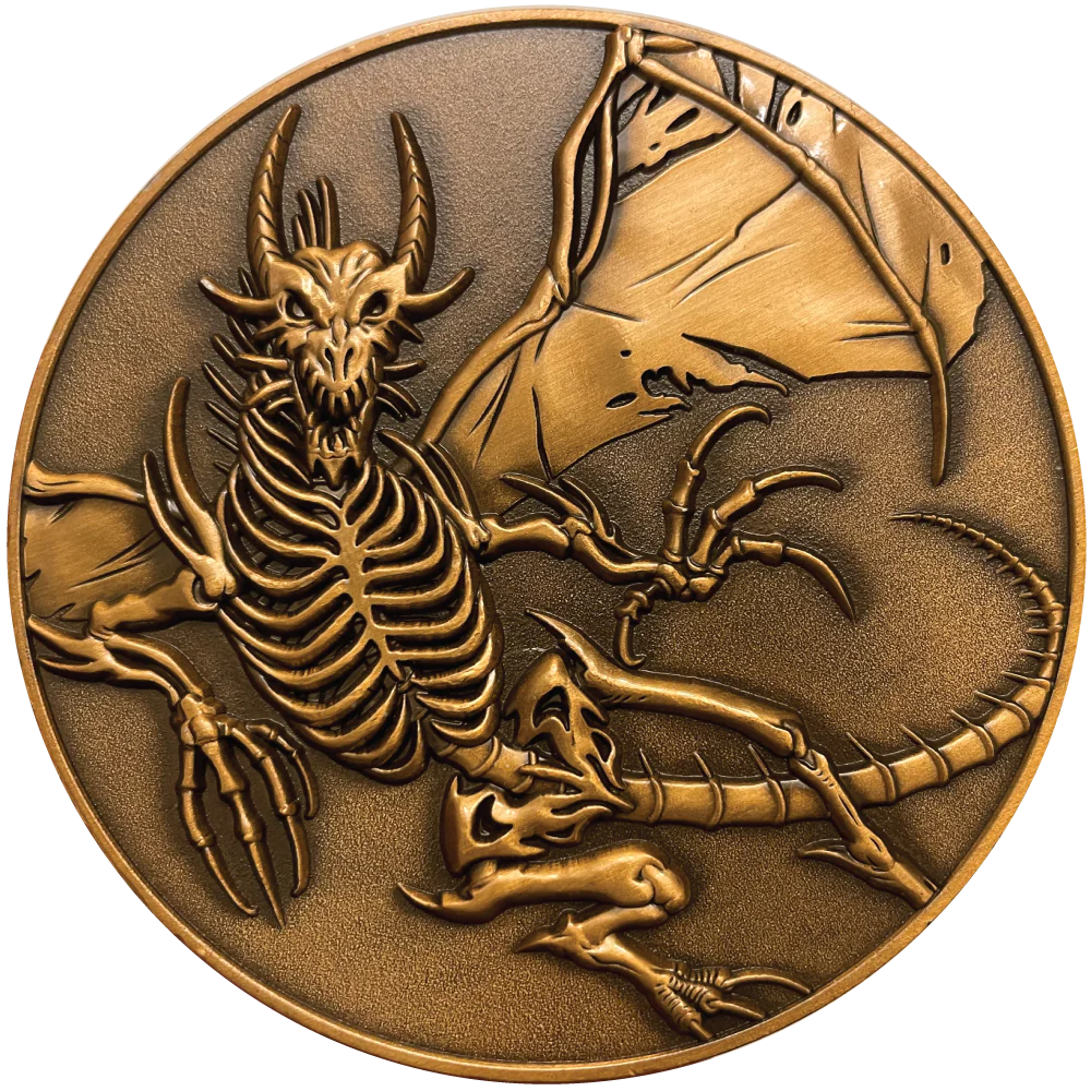Collectible coin, antique copper color, skeletal dragon