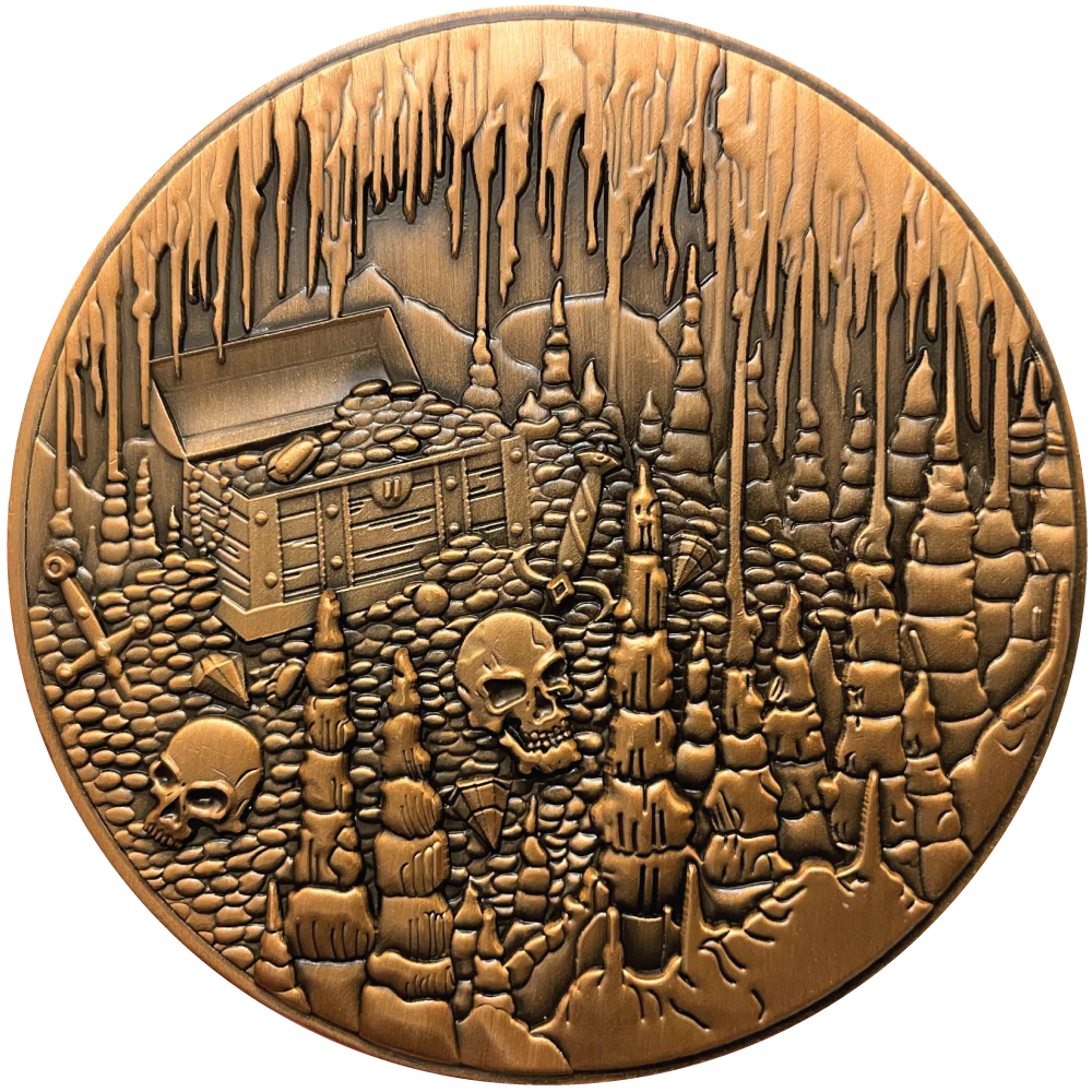 Other side of coin, treasure cavern with coins, chest and bones