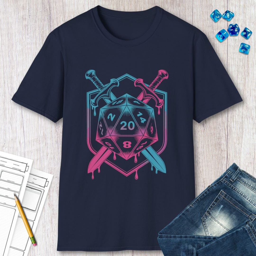 Navy blue t-shirt with a D20 dice design, swords, and pink and blue colors on a wooden surface.