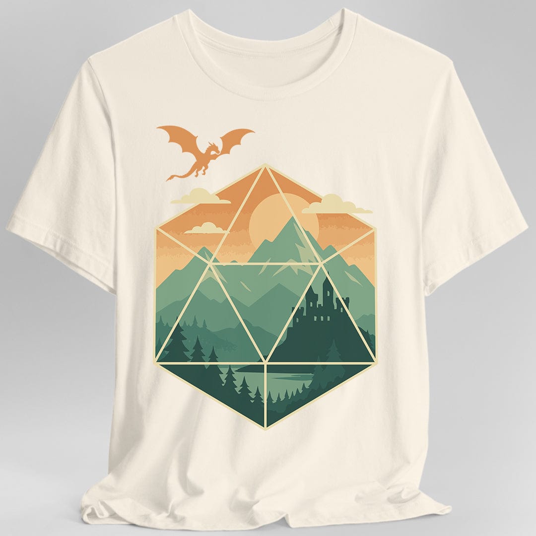 White t-shirt with a geometric dice landscape design featuring a dragon, mountains, and a castle