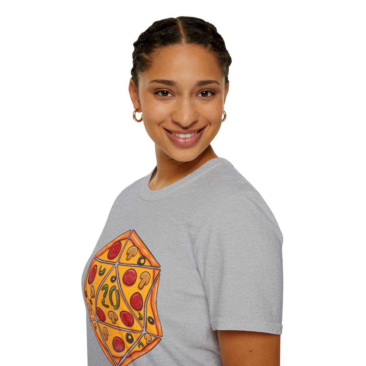 Person wearing a gray t-shirt with a colorful pizza dice design on a white background