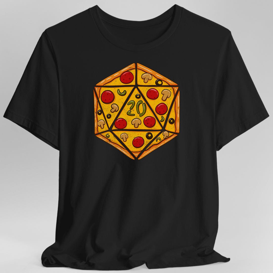 Black t-shirt with a pizza-themed d20 die design