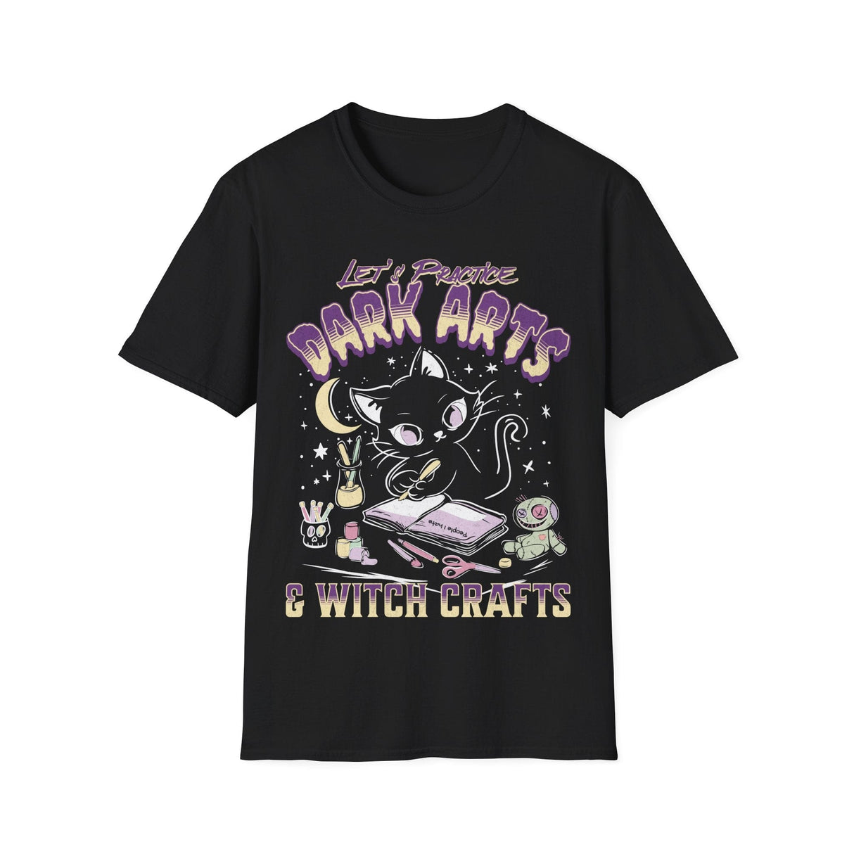 Black t-shirt with a cat graphic and text 'Let's Practice Dark Arts & Witch Crafts' on a white background