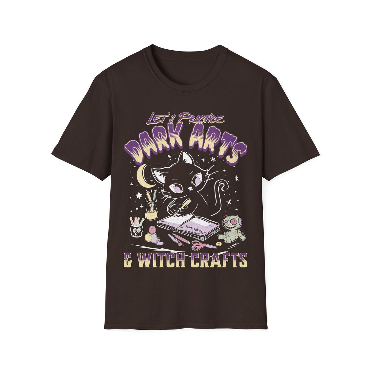 Dark brown t-shirt with a cat graphic and text 'Let's Practice Dark Arts & Witch Crafts' on a white background