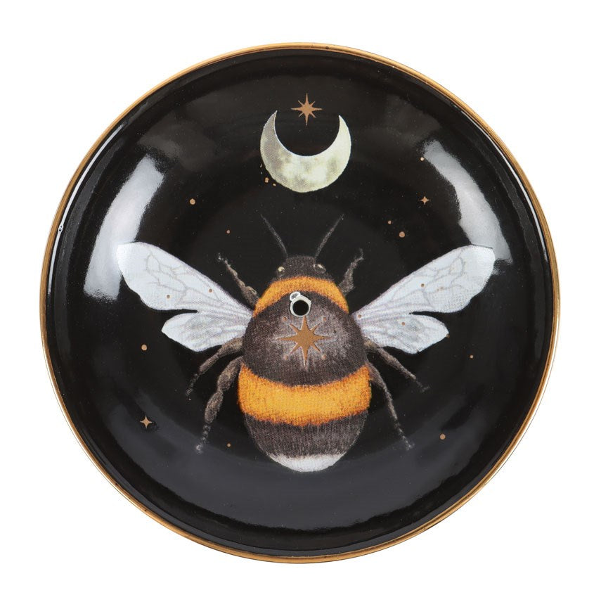 Incense burner dish, round, with bee and moon design
