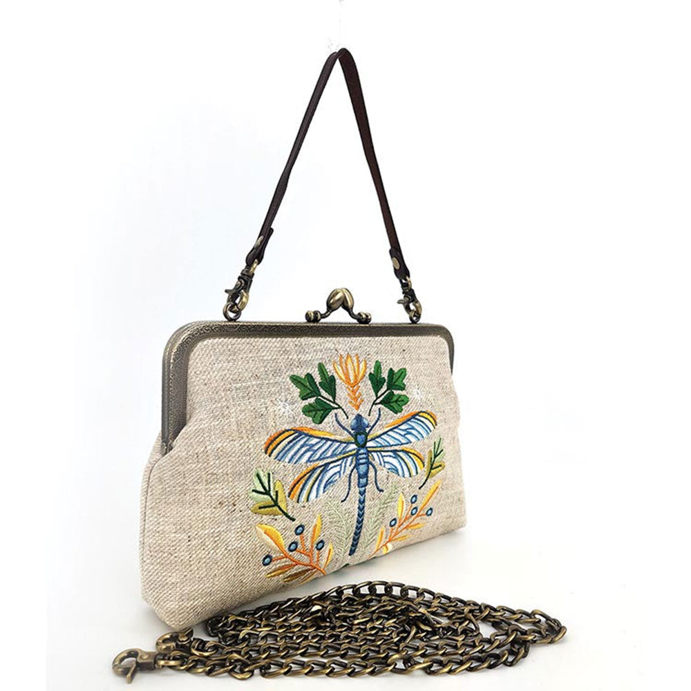 Handbag with embroidered dragonfly design in beige, detachable strap or chain option