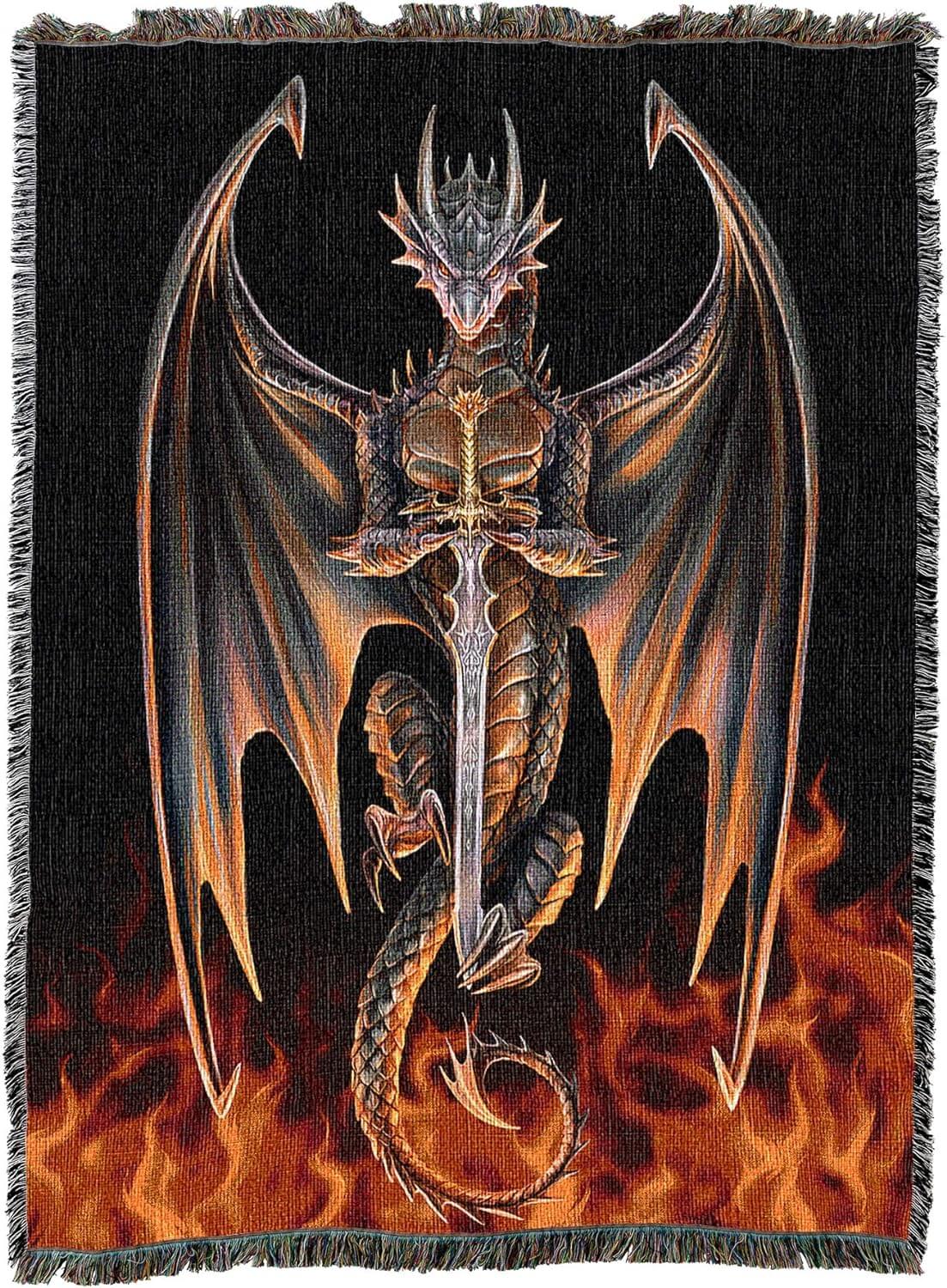 Tapestry blanket of dragon holding sword hovering above fire on black background