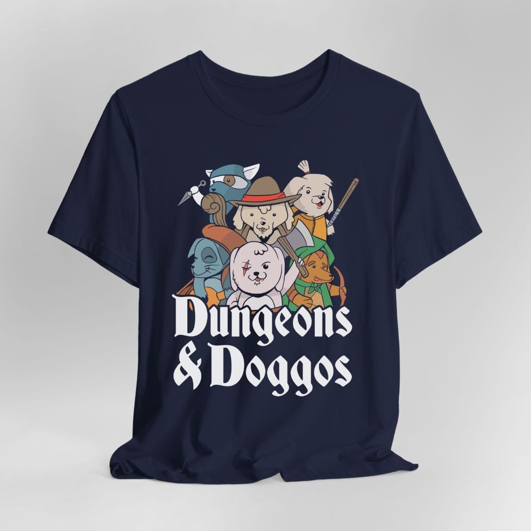 Navy blue t-shirt with 'Dungeons & Doggos' adventuring party graphic