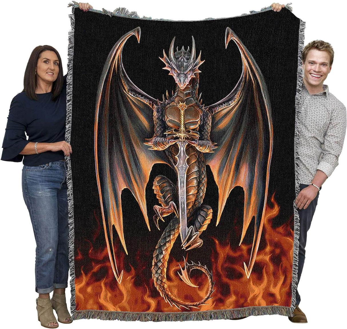 Dragon tapestry blanket held by two adults to show large size
