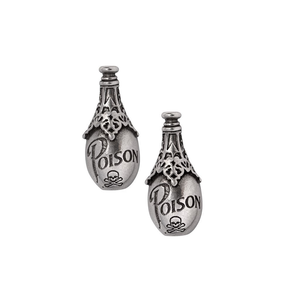 Two pewter 'Poison' bottle earrings