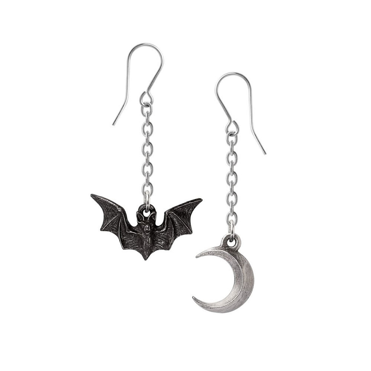 Pair of bat and moon earrings on a white background
