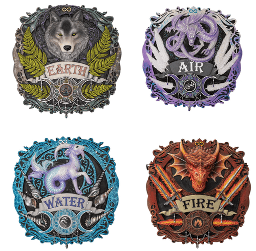 Set of 4 element plaques : Green Earth with wolf, Purple Air with dragon, blue Water with sea goat, red Fire with dragon