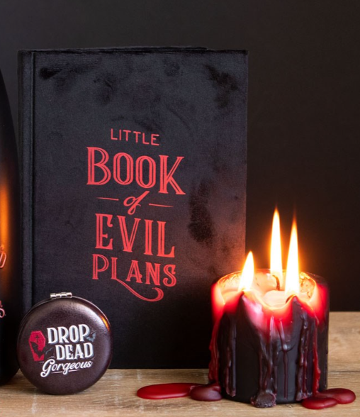 Journal, black velvet cover that says "Little Book of Evil Plans" shown with candle