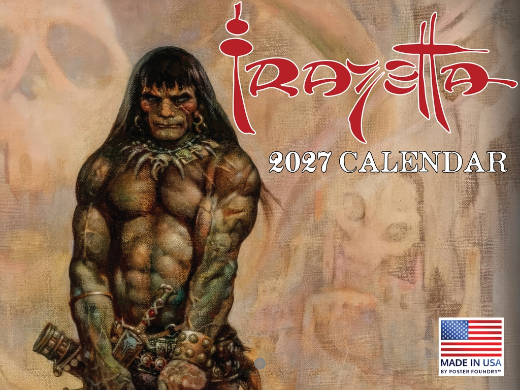 2027 Frank Frazetta wall calendar cover with barbarian
