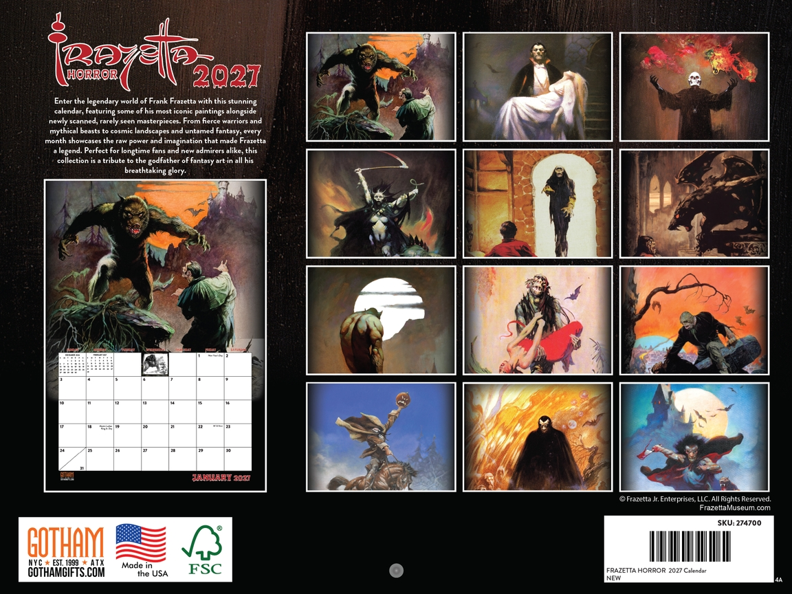 Back of Frazetta Horror 2027 calendar showing each month's image