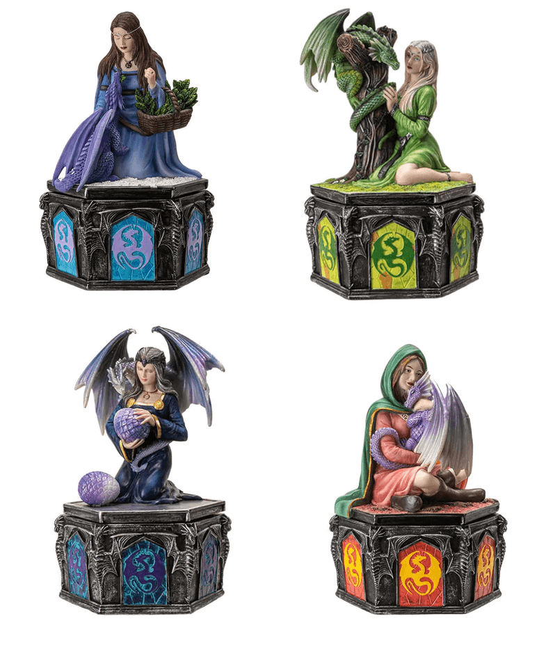 Four trinket boxes, each featuring a woman and dragon on the lid. Themed for the seasons - winter, summer, spring and fall.